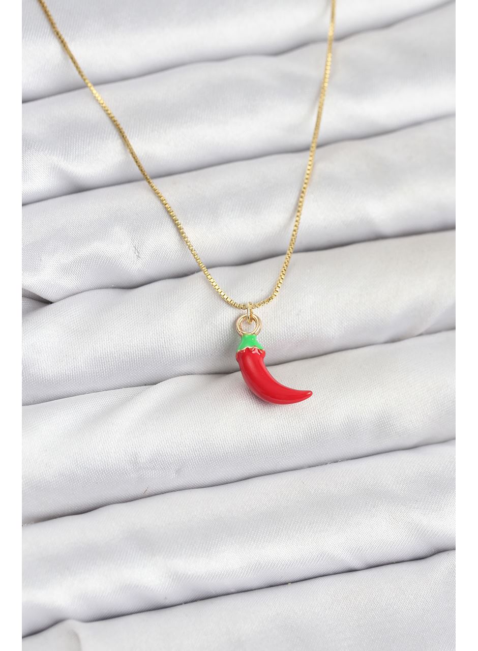 Pirinç Gold Renk Kırmızı Kapya Biber Model Kadın Kolye