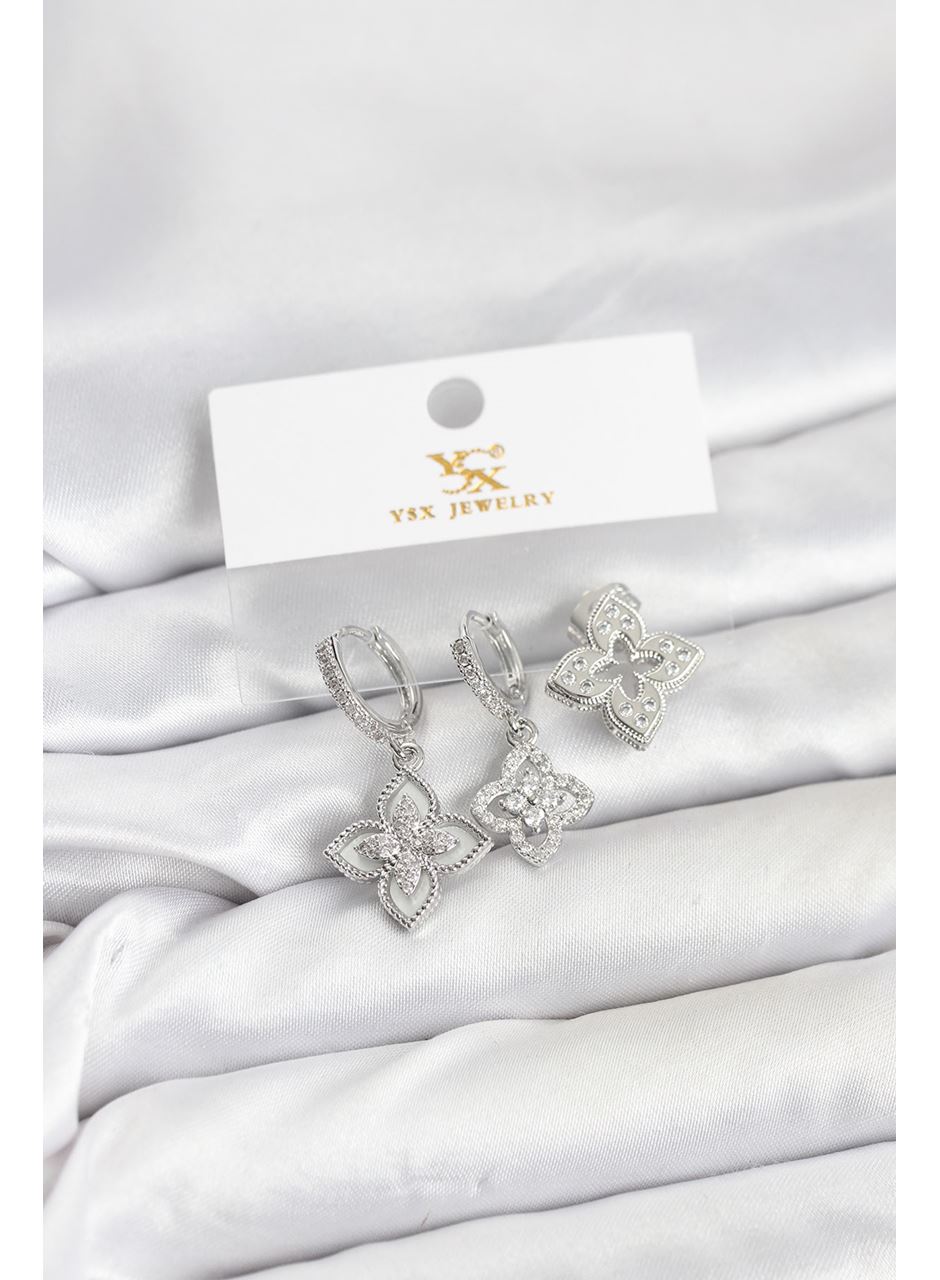 Pirinç Gümüş Renk Yonca Model YSX Trio Küpe Seti