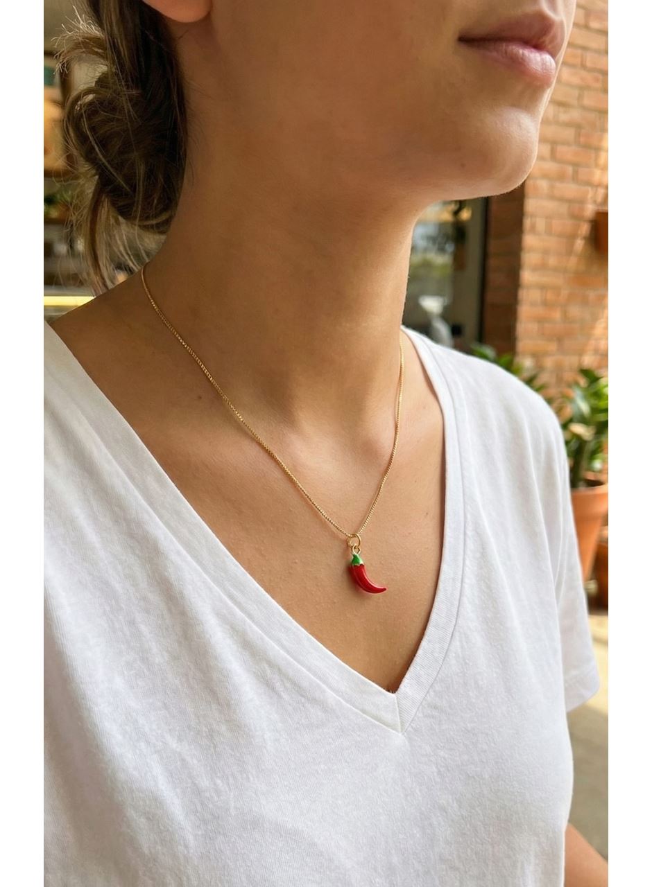 Pirinç Gold Renk Kırmızı Kapya Biber Model Kadın Kolye