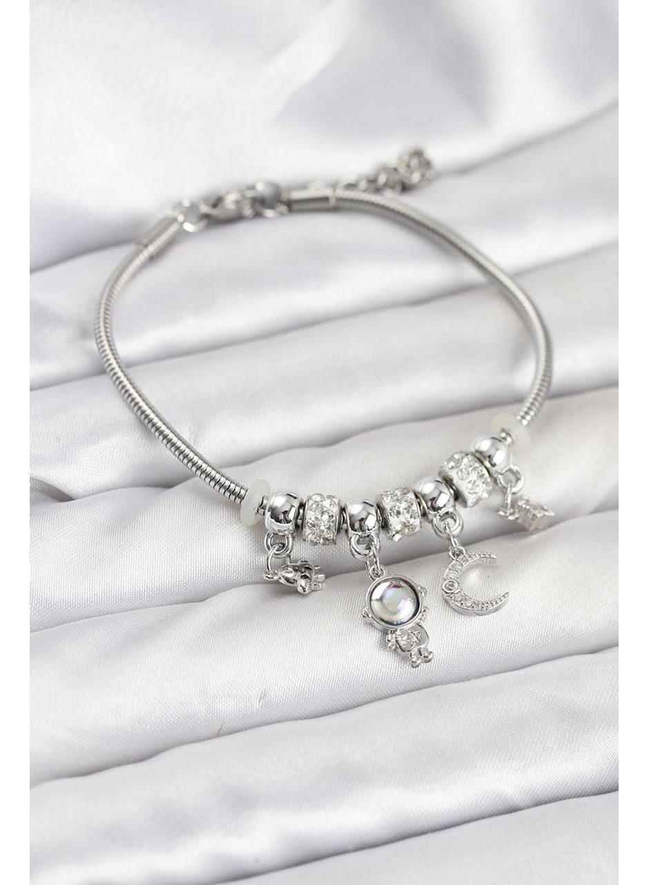 Pirinç Gümüş Renk Uzay Tema Charmlı Kadın Bileklik