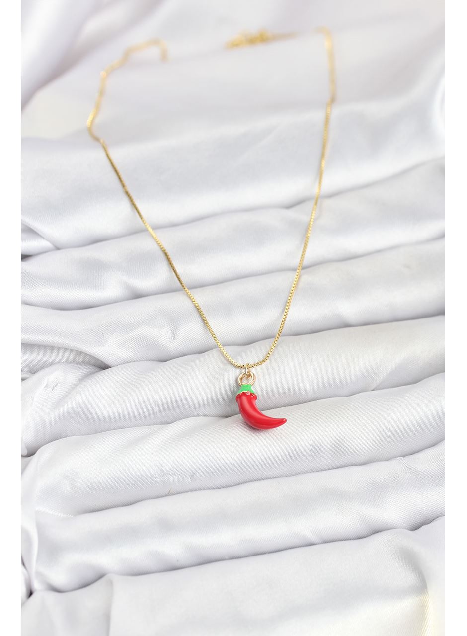 Pirinç Gold Renk Kırmızı Kapya Biber Model Kadın Kolye