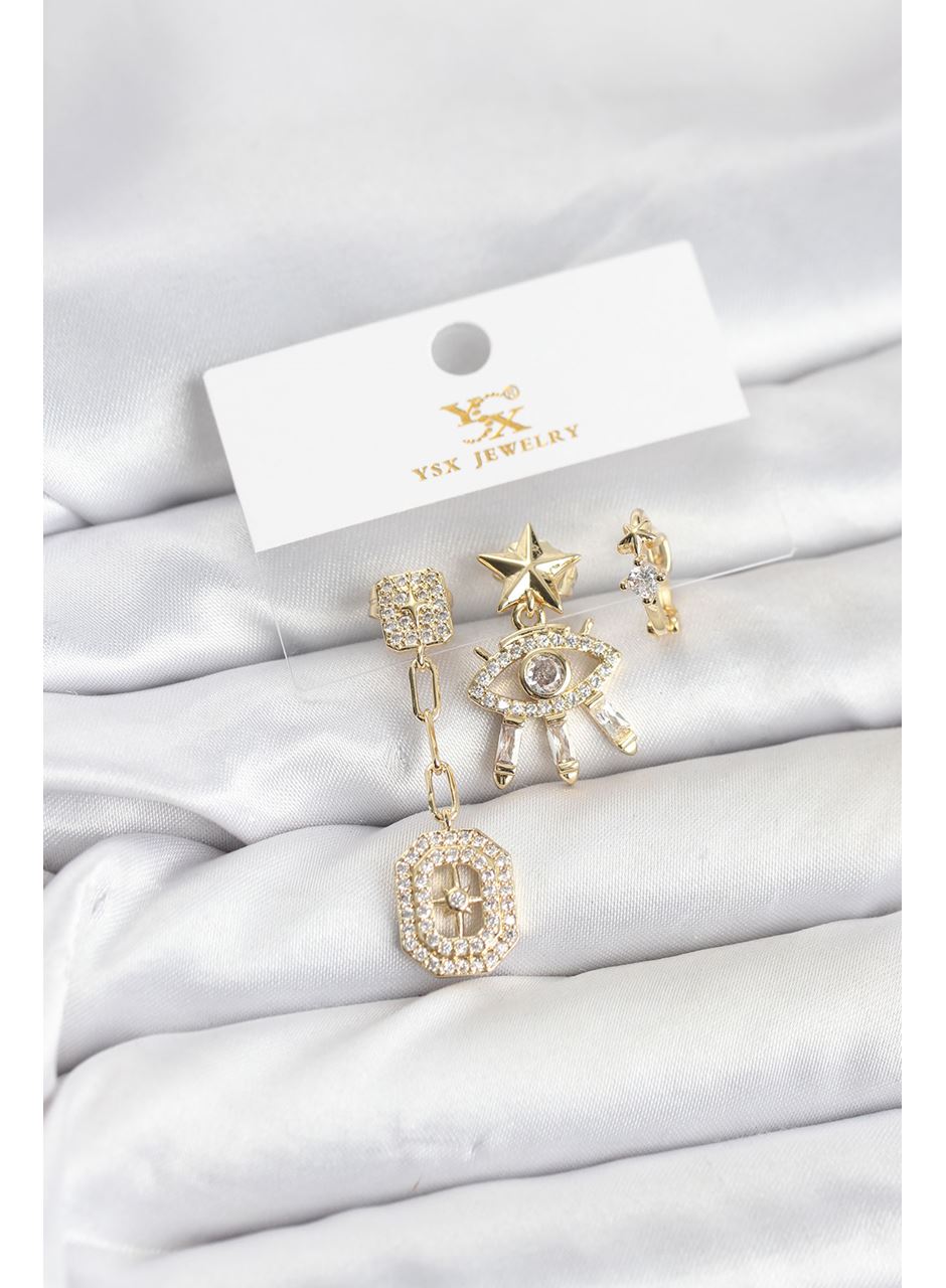 Pirinç Gold Renk Göz ve Kutup Yıldızı Model YSX Trio Küpe Seti