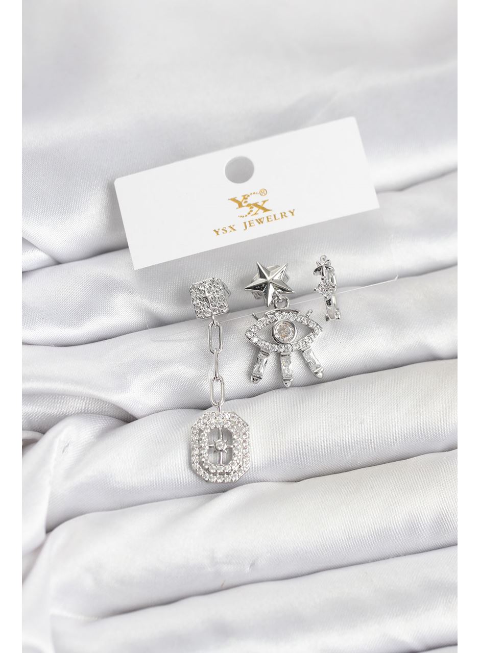 Pirinç Gümüş Renk Göz ve Kutup Yıldızı Model YSX Trio Küpe Seti