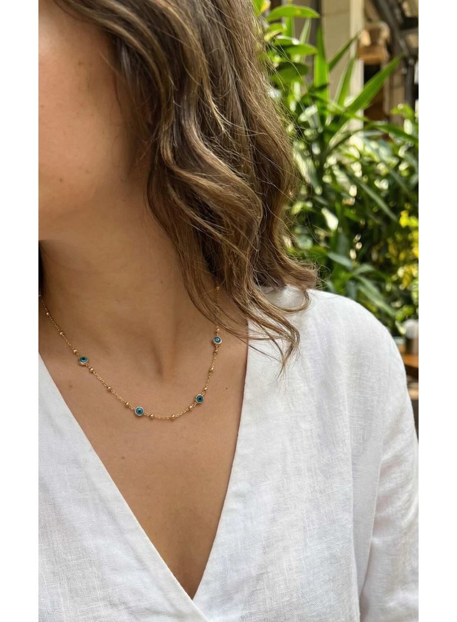 316L Çelik Gold Renk Nazarlı ve Topçuklu Model Kadın Kolye