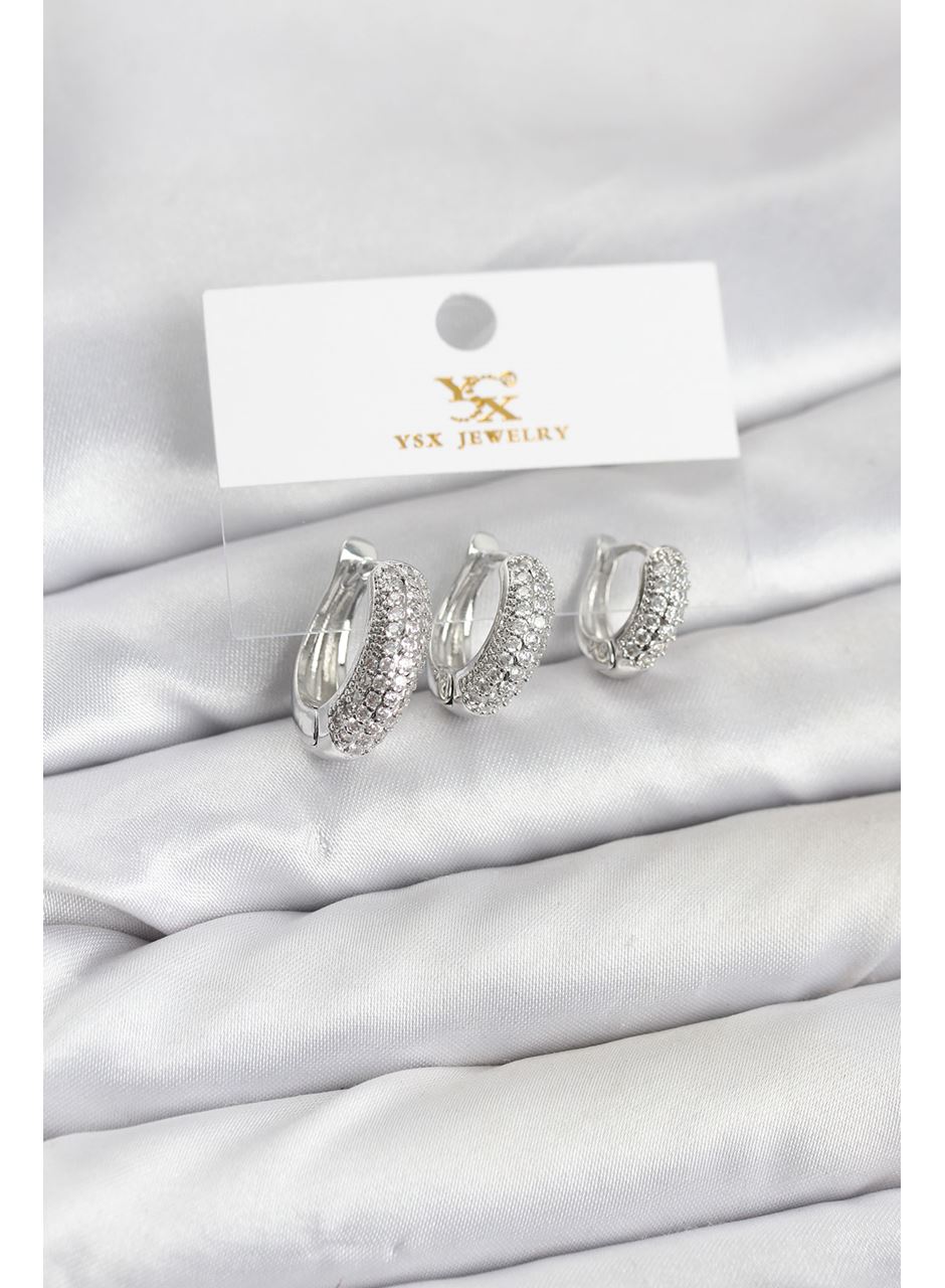 Pirinç Gümüş Renk Zirkon Taşlı Halka Model YSX Trio Küpe Seti