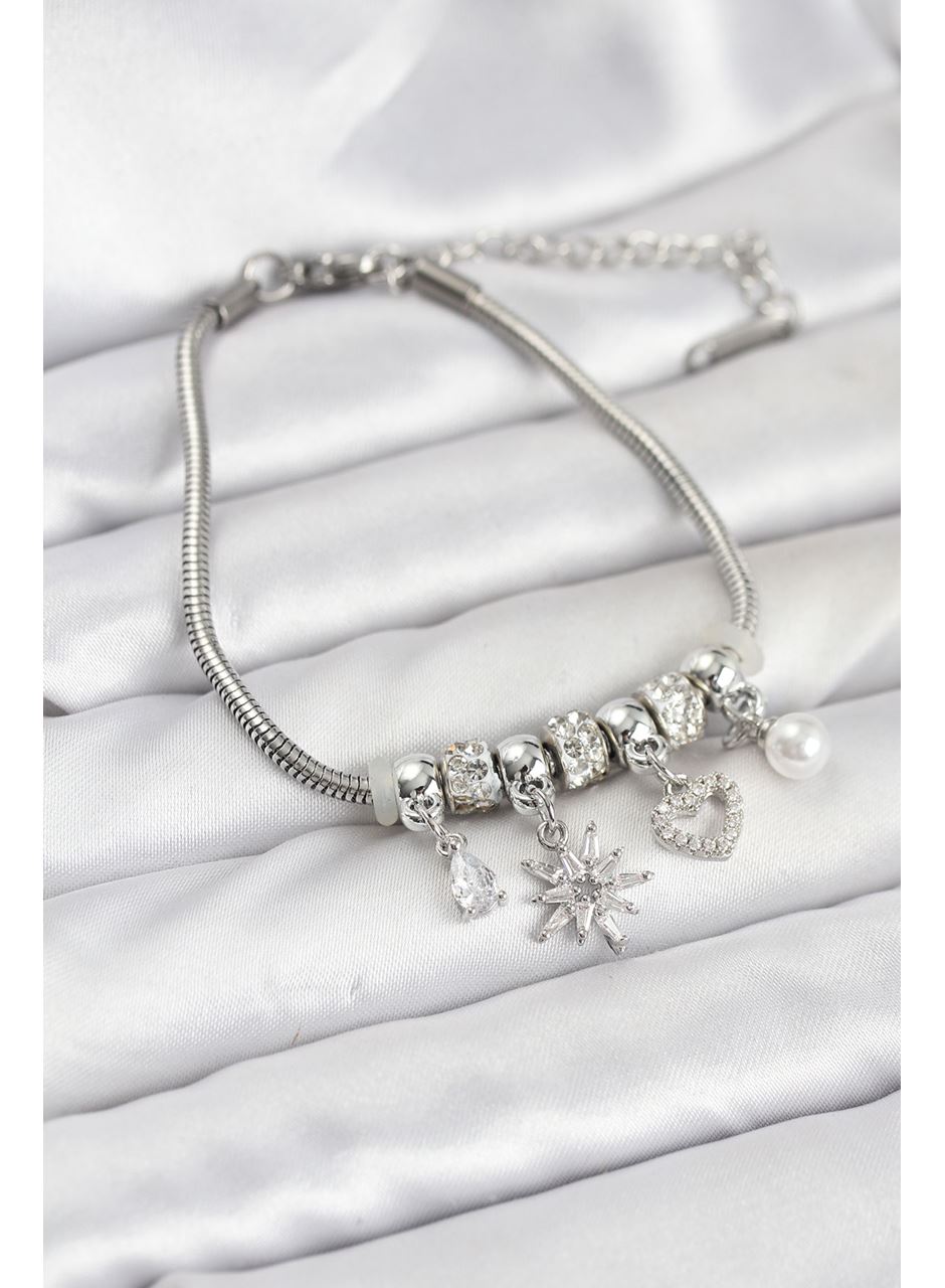 Pirinç Gümüş Renk Kutup Yıldızı ve Kalp Charmlı Kadın Bileklik