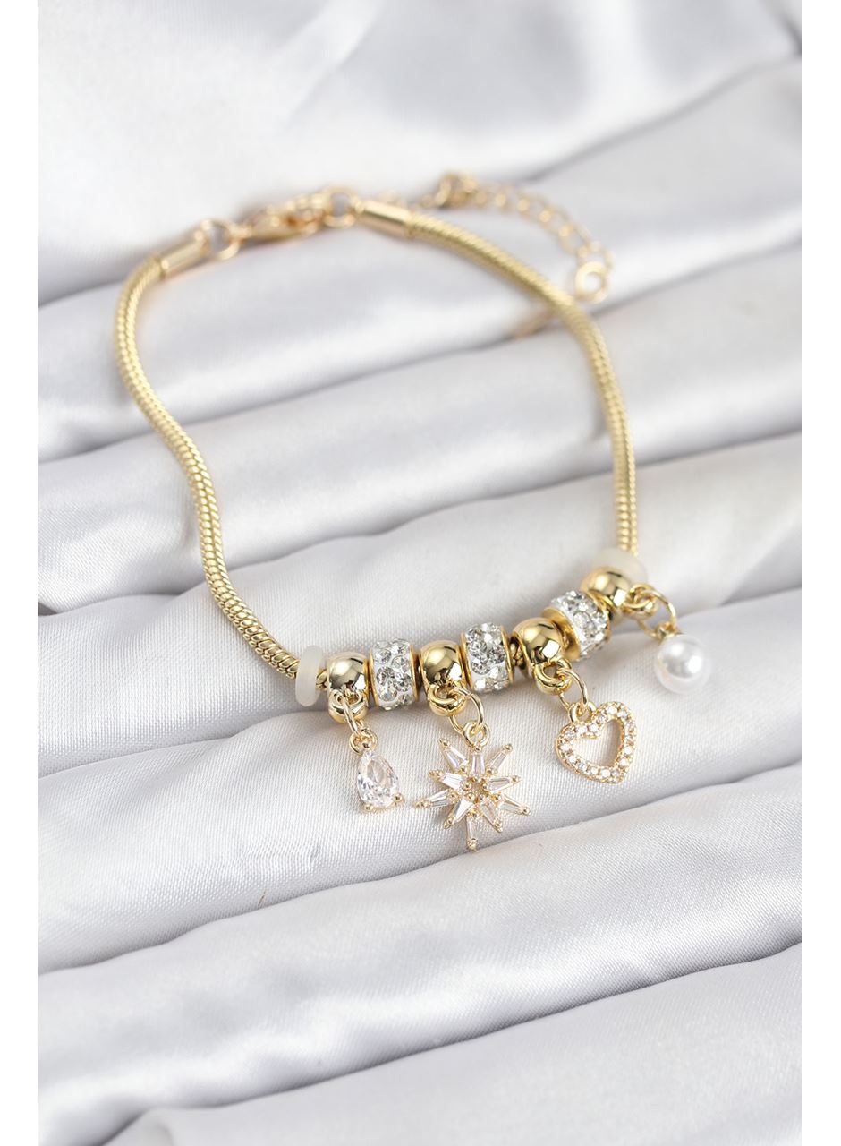 Pirinç Gold Renk Kutup Yıldızı ve Kalp Charmlı Kadın Bileklik