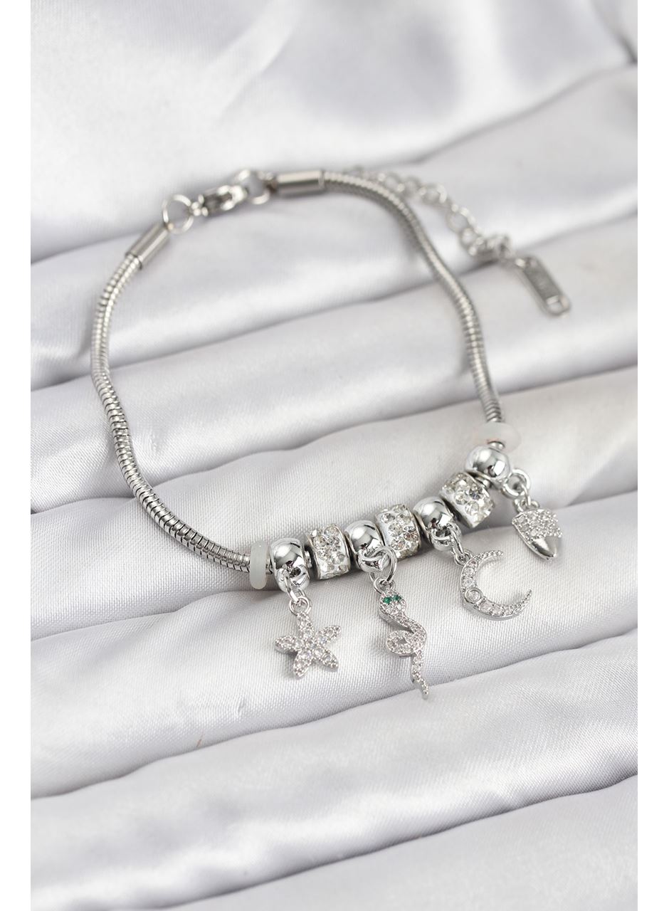 Pirinç Gümüş Renk Yılan Charmlı Kadın Bileklik