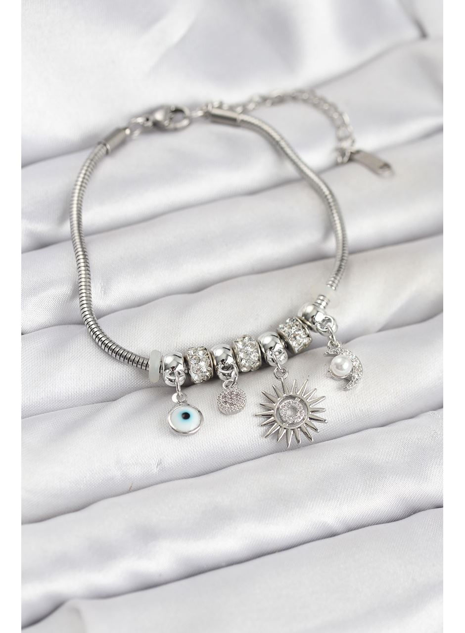 Pirinç Gümüş Renk Güneş Charmlı Kadın Bileklik