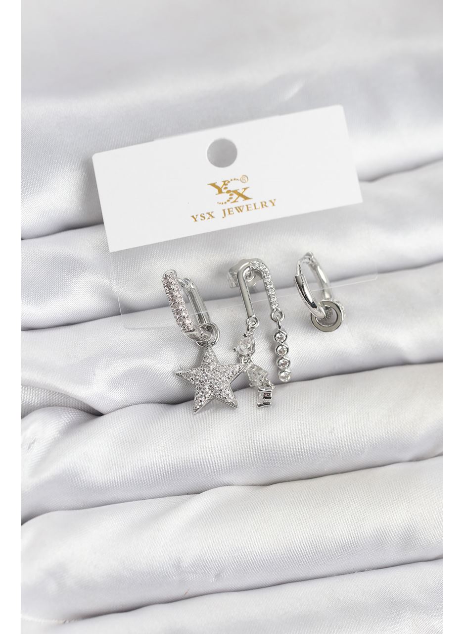 Pirinç Gümüş Renk Zirkon Taşlı Yıldız Vintage Model YSX Trio Küpe Seti