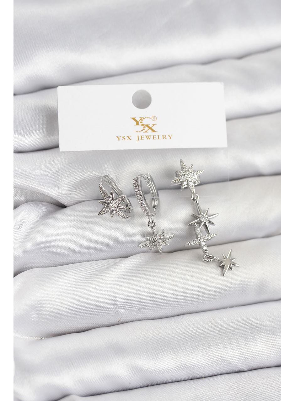 Pirinç Gümüş Renk Zirkon Taşlı Kutup Yıldızı Model YSX Trio Küpe Seti