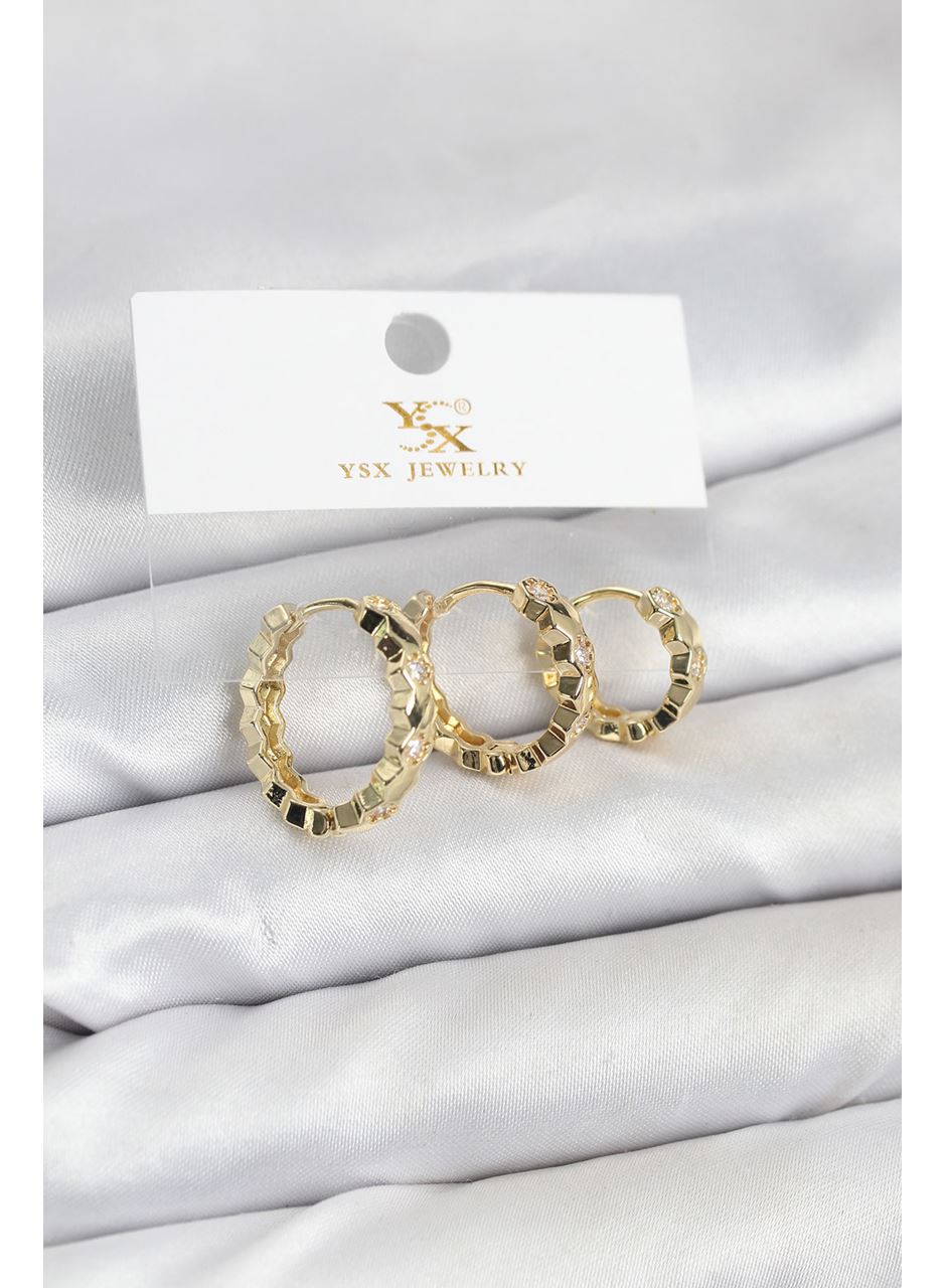 Pirinç Gold Renk Zirkon Taşlı Petek Halka Model YSX Trio Küpe Seti