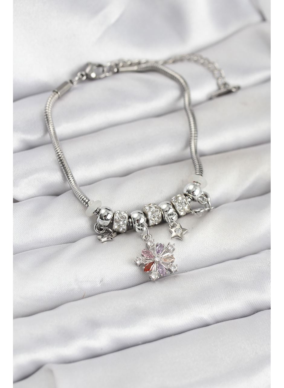 Pirinç Gümüş Renk Renkli Yıldız Charmlı Kadın Bileklik