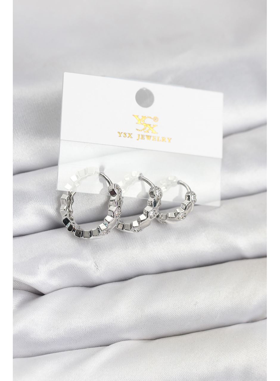 Pirinç Gümüş Renk Zirkon Taşlı Petek Halka Model YSX Trio Küpe Seti