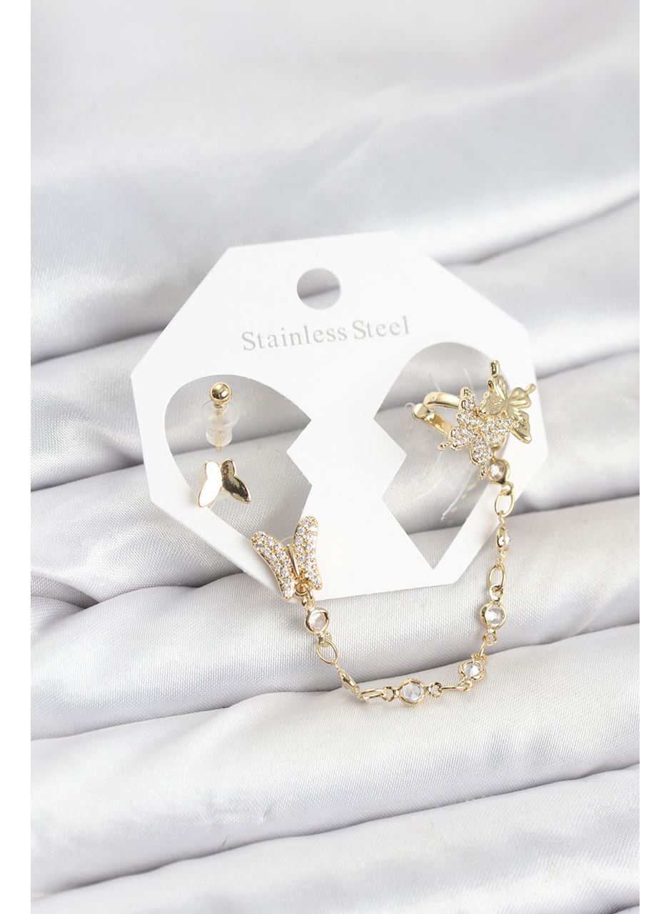 Pirinç Gold Renk Kelebek Model Zincir Bağlantılı Ear Cuff Küpe Seti
