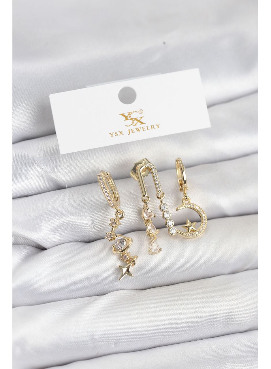 Pirinç Gold Renk Zirkon Taşlı Uzay Model YSX Trio Küpe Seti