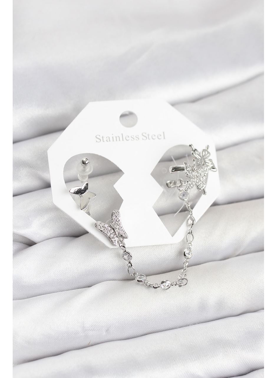 Pirinç Gümüş Renk Kelebek Model Zincir Bağlantılı Ear Cuff Küpe Seti