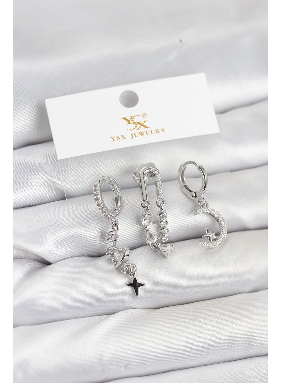 Pirinç Gümüş Renk Zirkon Taşlı Uzay Model YSX Trio Küpe Seti