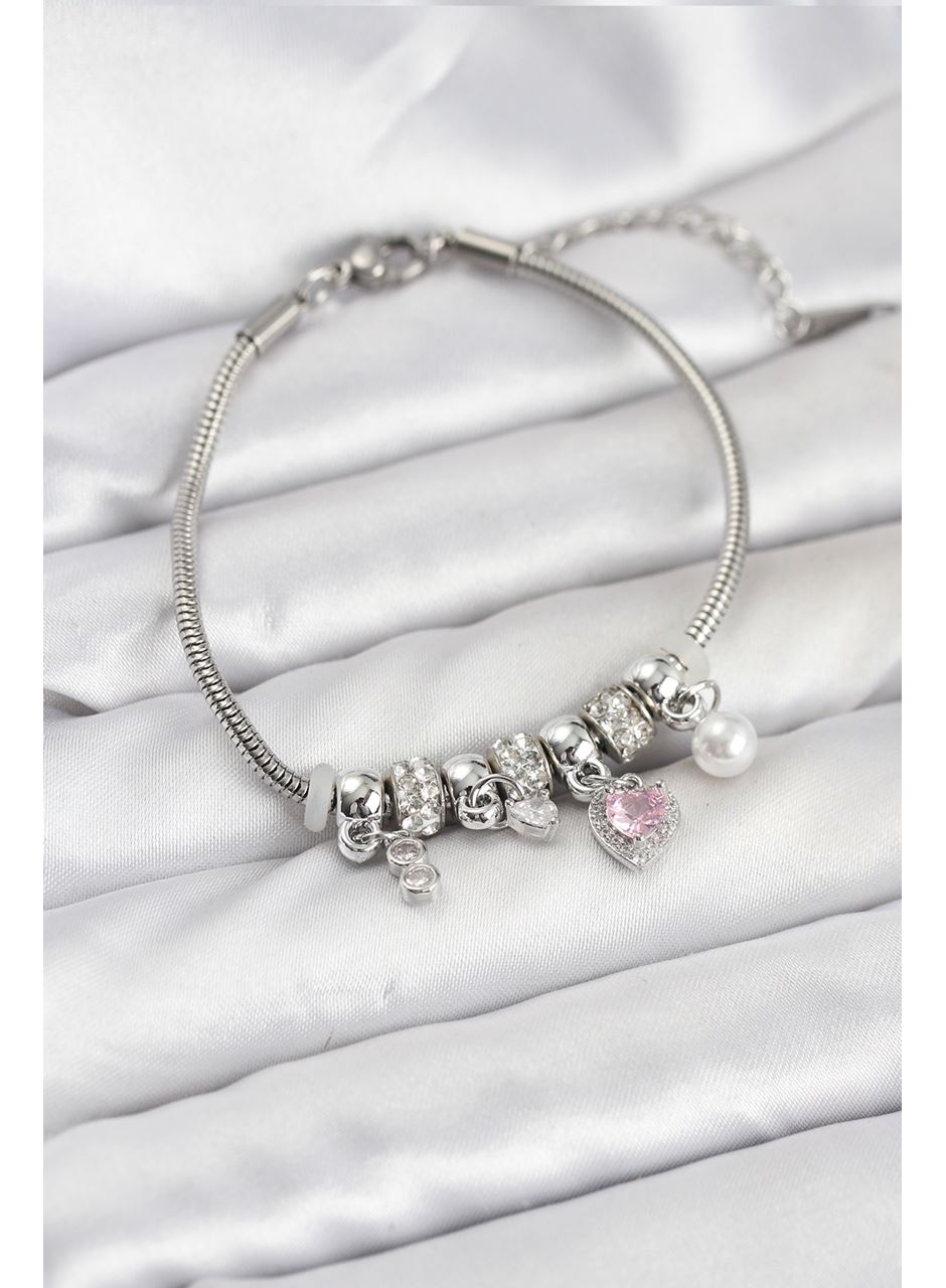 Pirinç Gümüş Renk Pembe Kalp Charmlı Kadın Bileklik