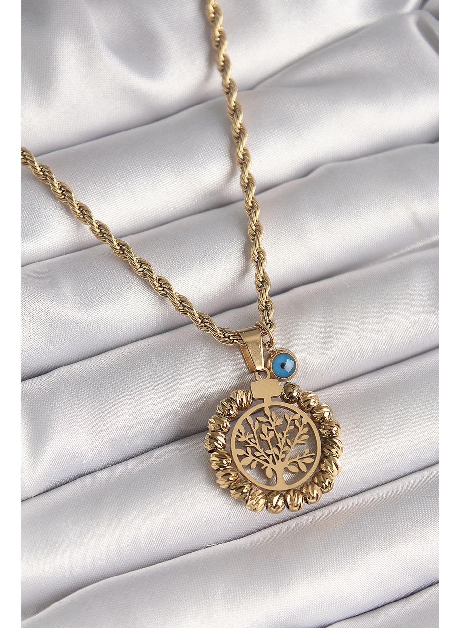 316L Çelik Gold Renk Burgu Zincir Dorika Yaşam Ağacı Figür Nazar Boncuk Detay Kadın Kolye