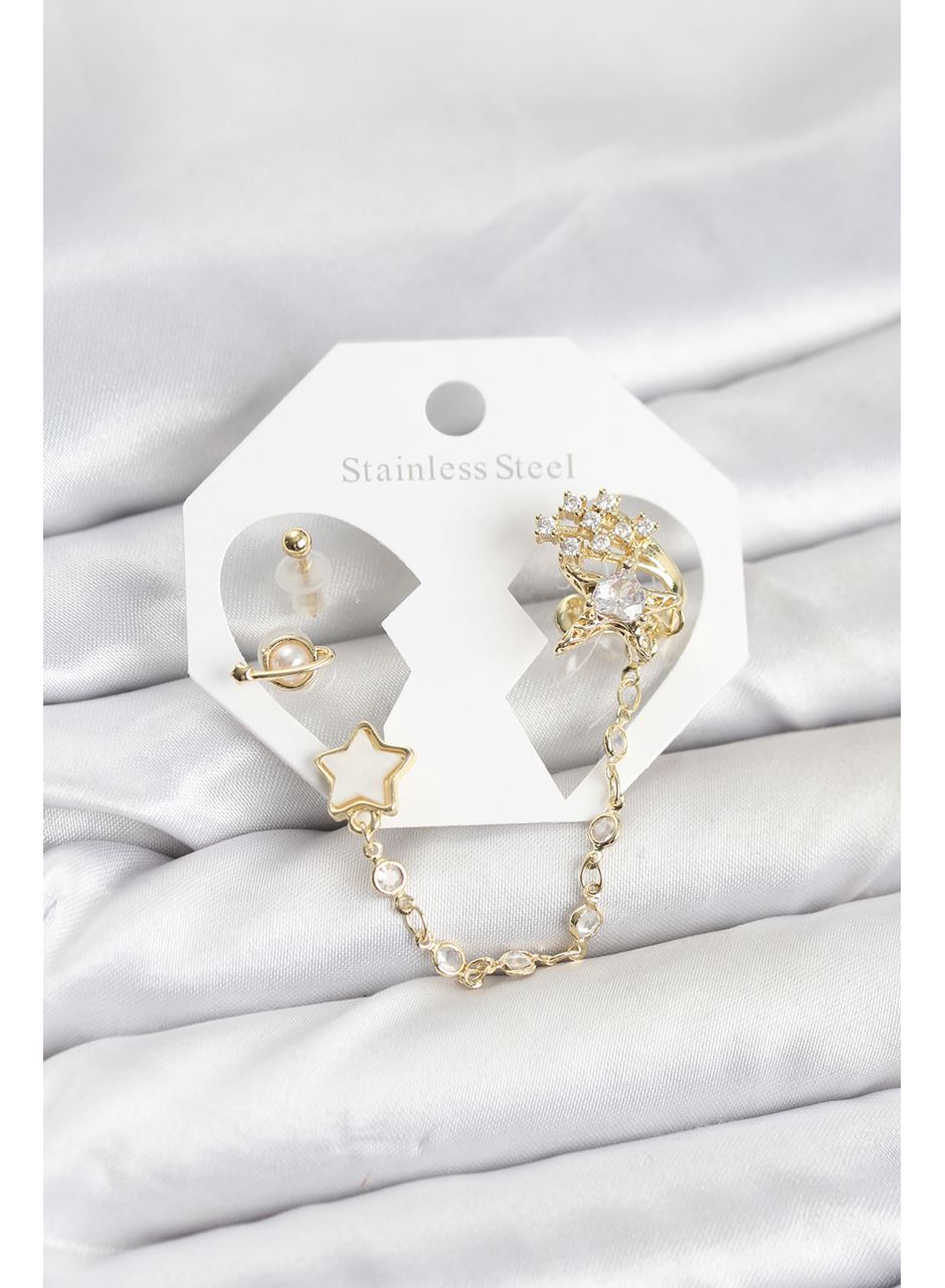 Pirinç Gold Renk Yıldız Model Zincir Bağlantılı Ear Cuff Küpe Seti