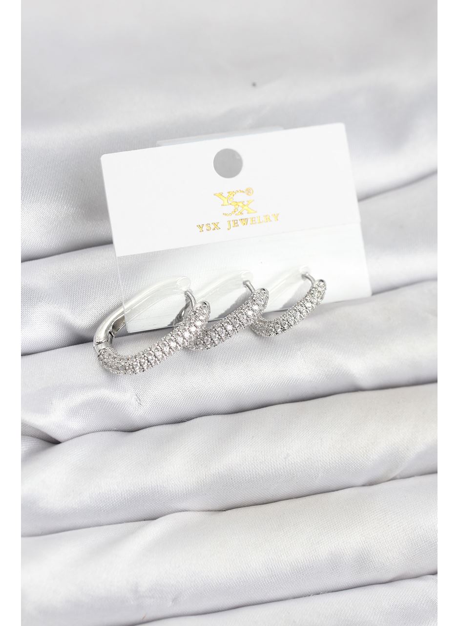 Pirinç Gümüş Renk Zirkon Taşlı Halka Model YSX Trio Küpe Seti