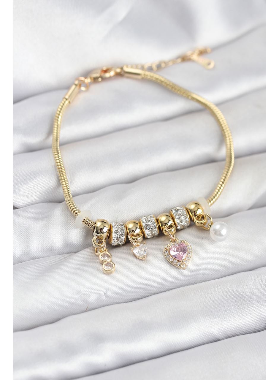 Pirinç Gold Renk Pembe Kalp Charmlı Kadın Bileklik