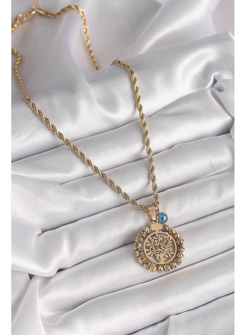 316L Çelik Gold Renk Burgu Zincir Dorika Yaşam Ağacı Figür Nazar Boncuk Detay Kadın Kolye
