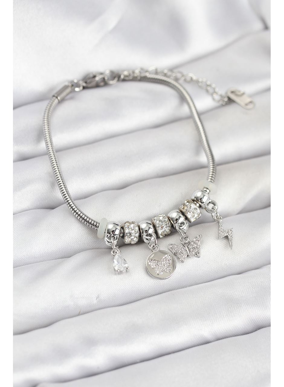 Pirinç Gümüş Renk Kelebek Charmlı Kadın Bileklik