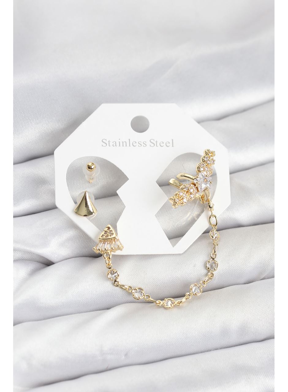 Pirinç Gold Renk Yıldızlı Model Zincir Bağlantılı Ear Cuff Küpe Seti
