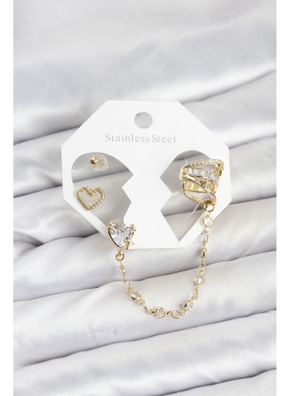Pirinç Gold Renk Kalp Model Zincir Bağlantılı Ear Cuff Küpe Seti