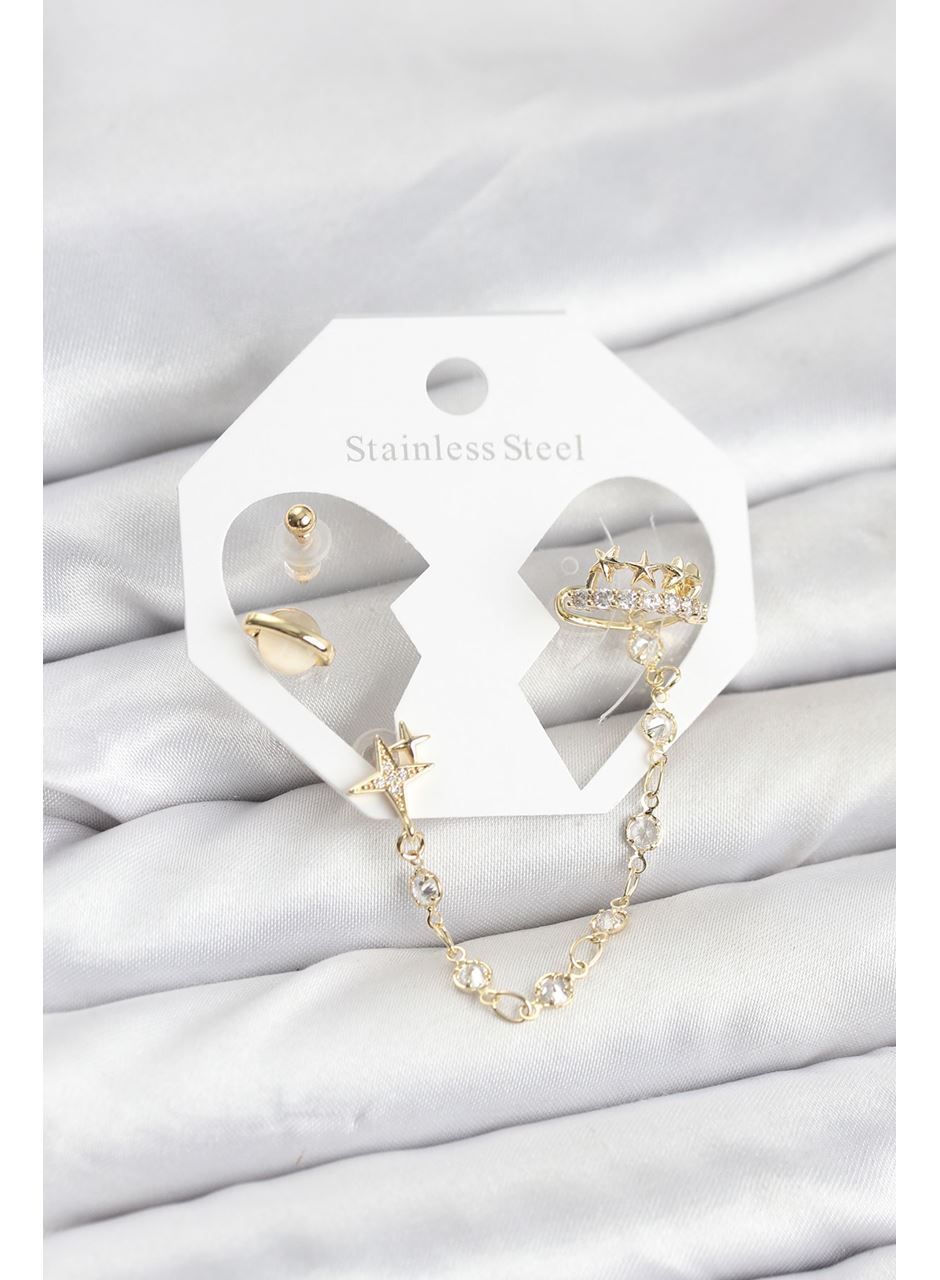 Pirinç Gold Renk Uzay Model Zincir Bağlantılı Ear Cuff Küpe Seti