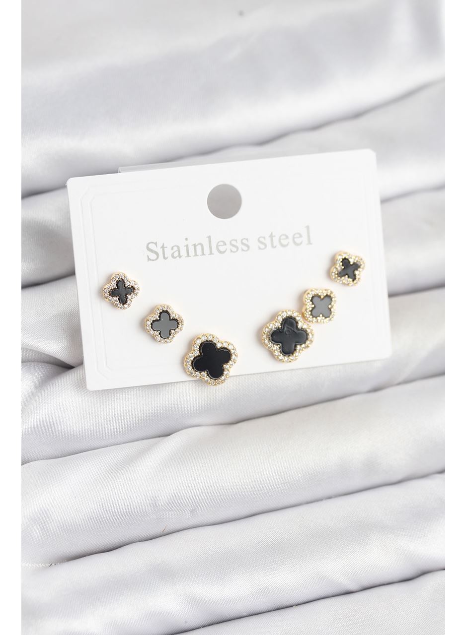 316L Çelik Zirkon Taşlı Yonca Model Kadın Küpe Seti