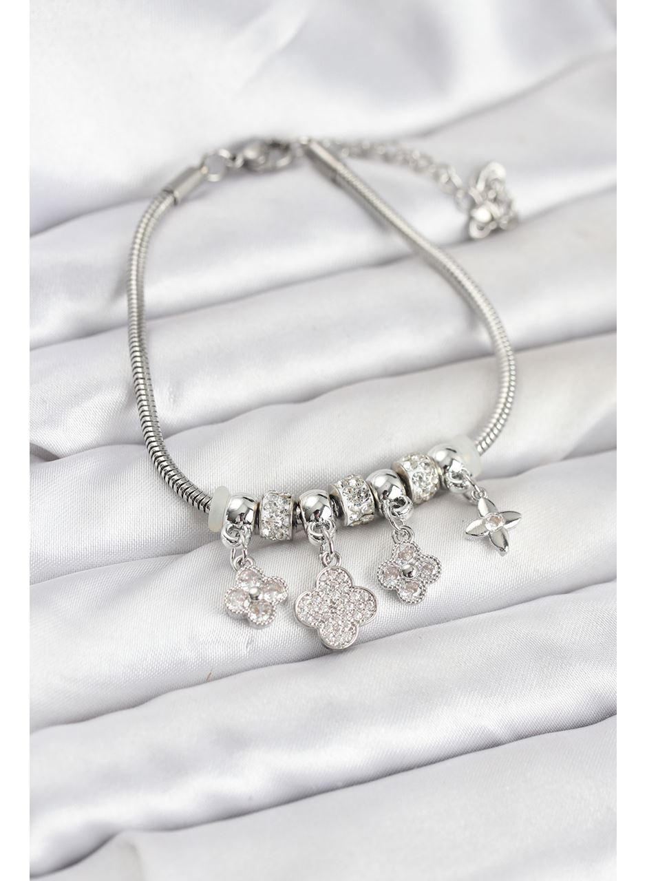 Pirinç Gümüş Renk Yonca Model Kadın Bileklik