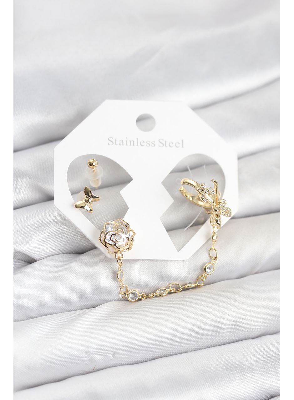 Pirinç Gold Renk Kelebekli Model Zincir Bağlantılı Ear Cuff Küpe Seti