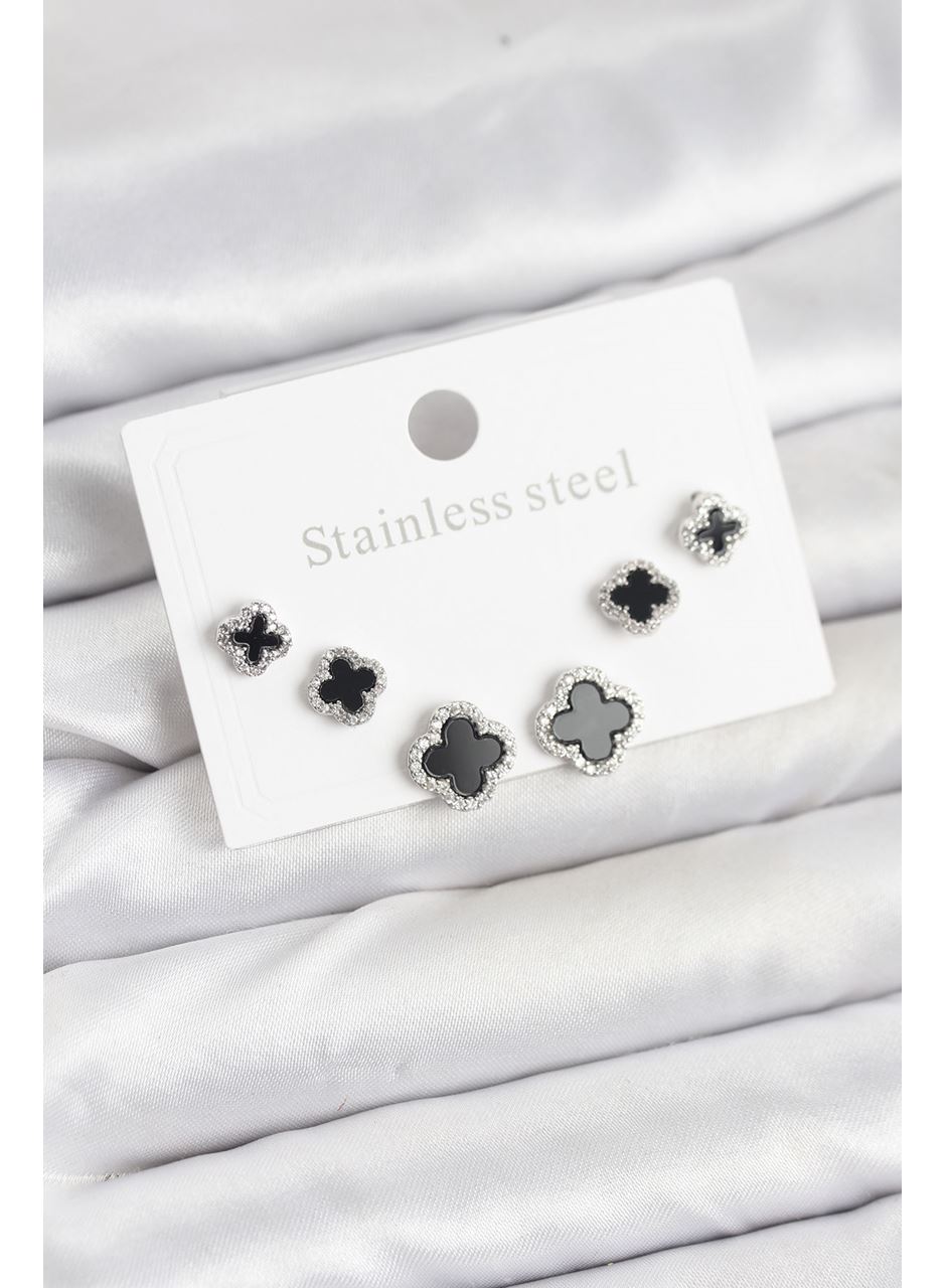 316L Çelik Gümüş Renk Zirkon Taşlı Yonca Model Kadın Küpe Seti