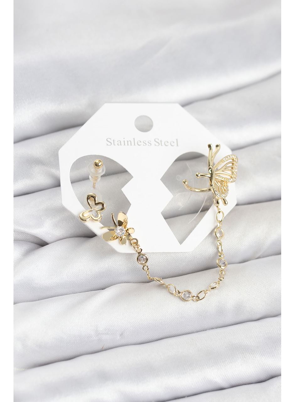 Kelebekli Model Pirinç Gold Renk Zincir Bağlantılı Ear Cuff Küpe Seti