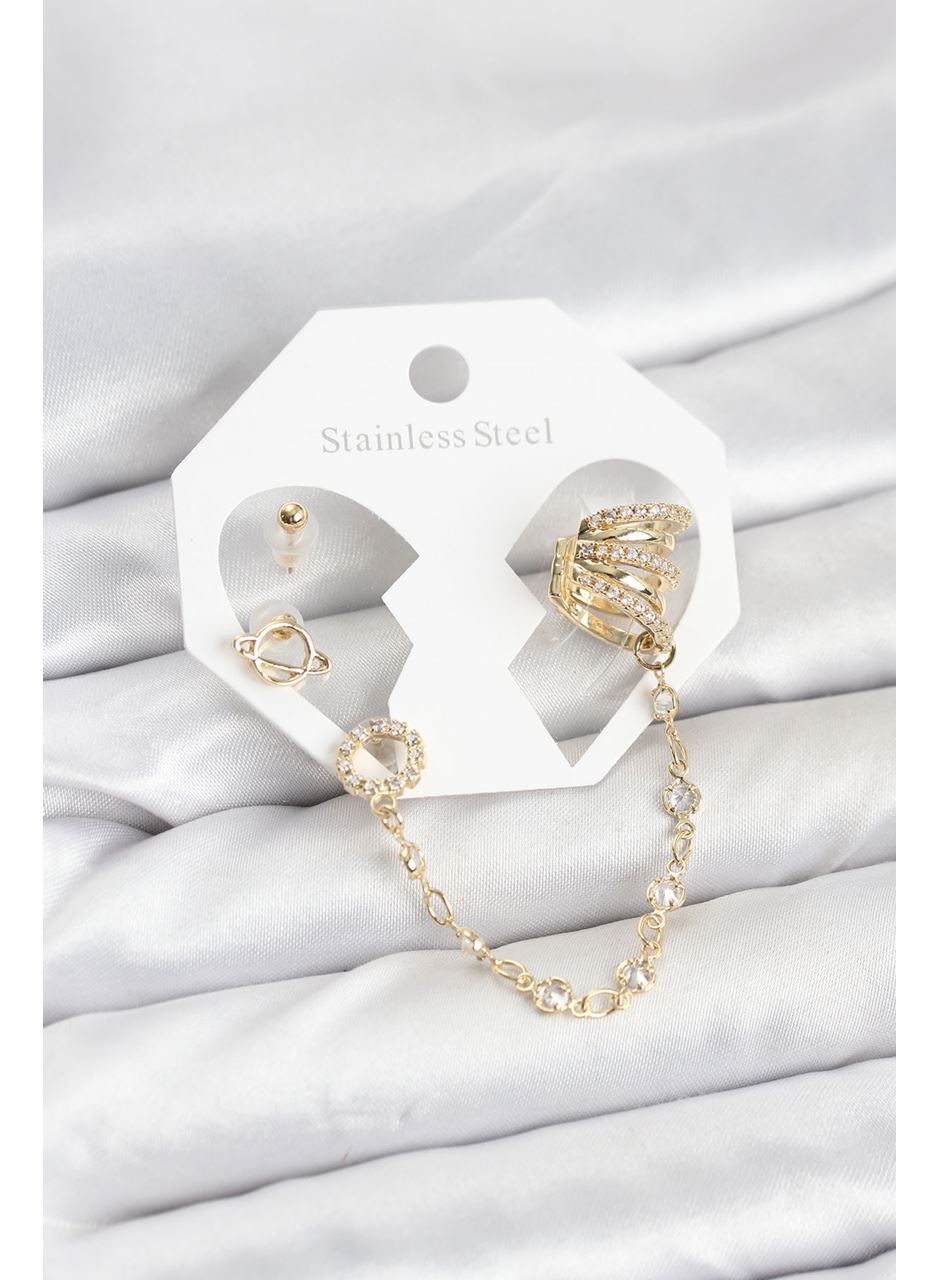 Uzay Model Pirinç Gold Renk Zincir Bağlantılı Ear Cuff Küpe Seti