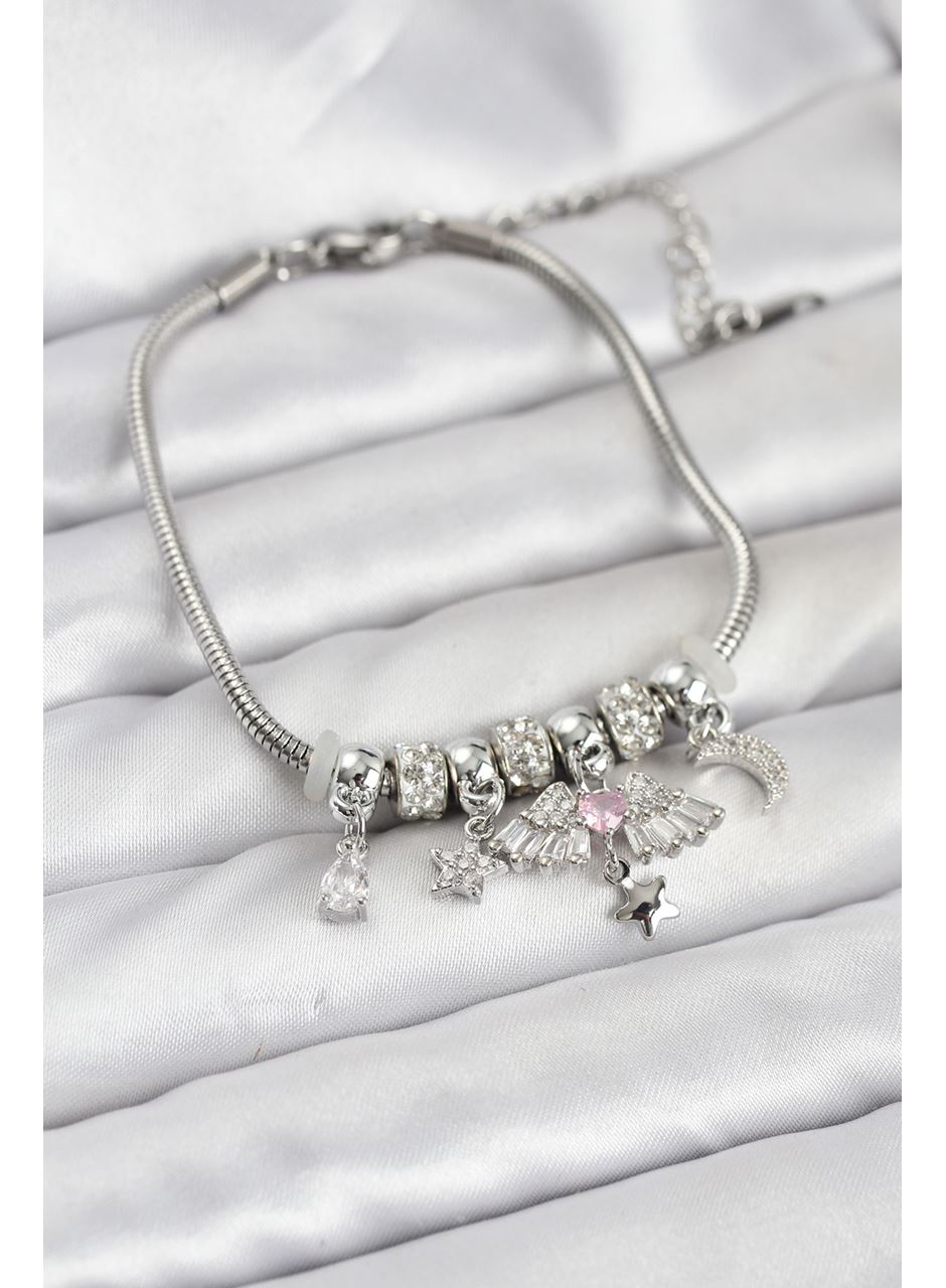 Pirinç Gümüş Renk Kanatlı Charmlı Kadın Bileklik