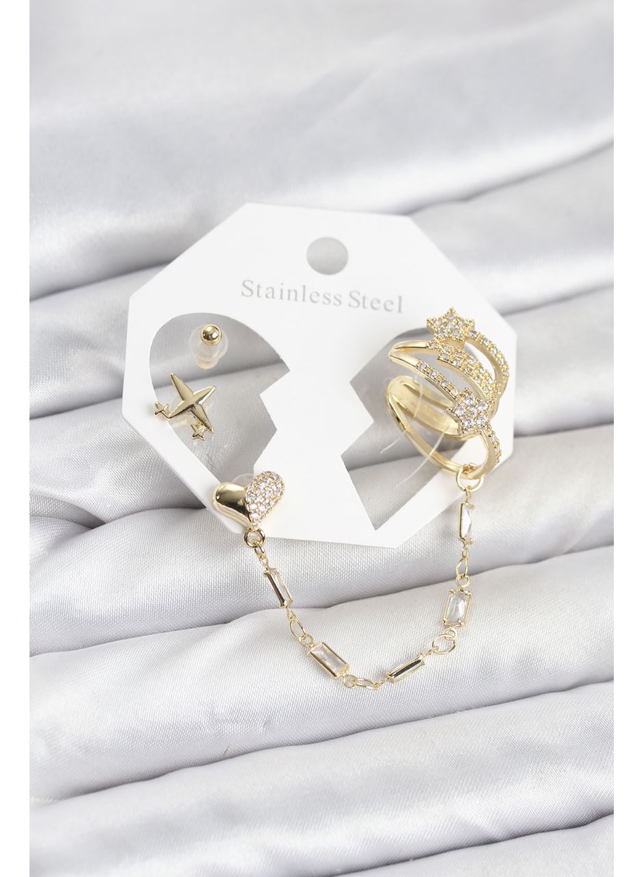 Kalp Yıldız Model Pirinç Gold Renk Zincir Bağlantılı Ear Cuff Küpe Seti