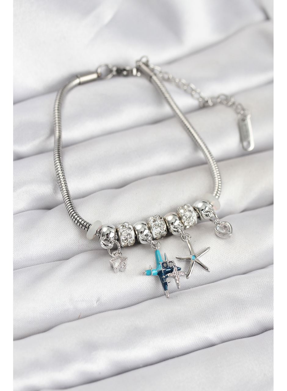 Pirinç Gümüş Renk Yıldız Model Charmlı Kadın Bileklik