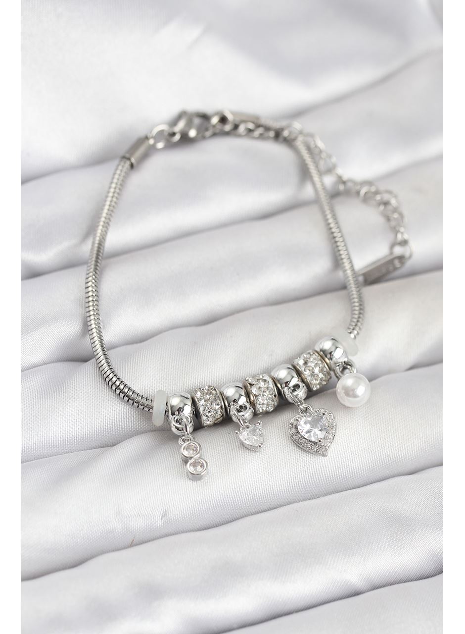 Pirinç Gümüş Renk Kalp Charmlı Kadın Bileklik