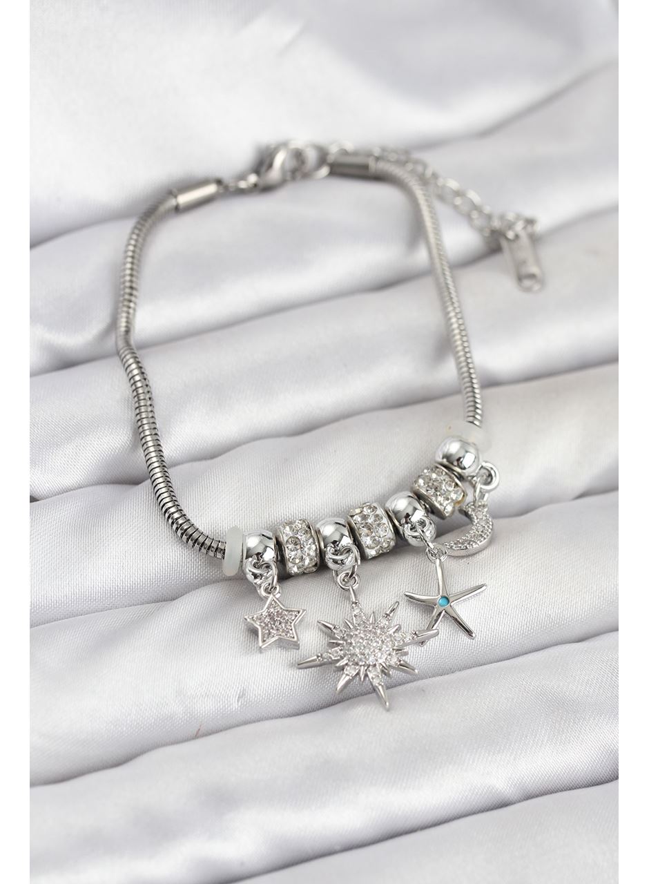 Pirinç Gümüş Renk Güneş Tema Charmlı Kadın Bileklik