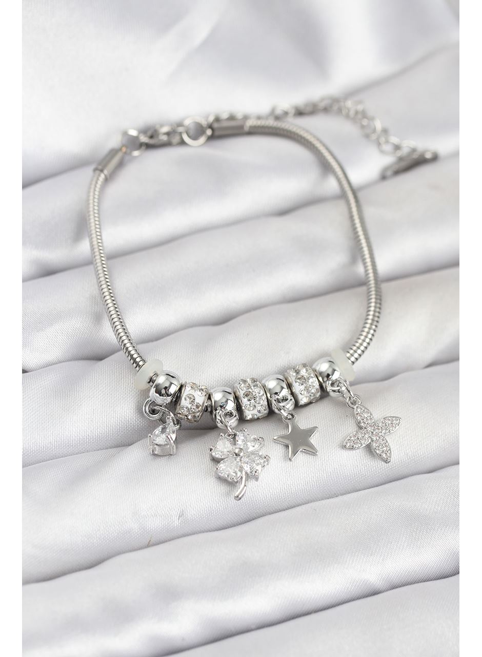 Gümüş Renk Pirinç Yonca Charmlı Kadın Bileklik