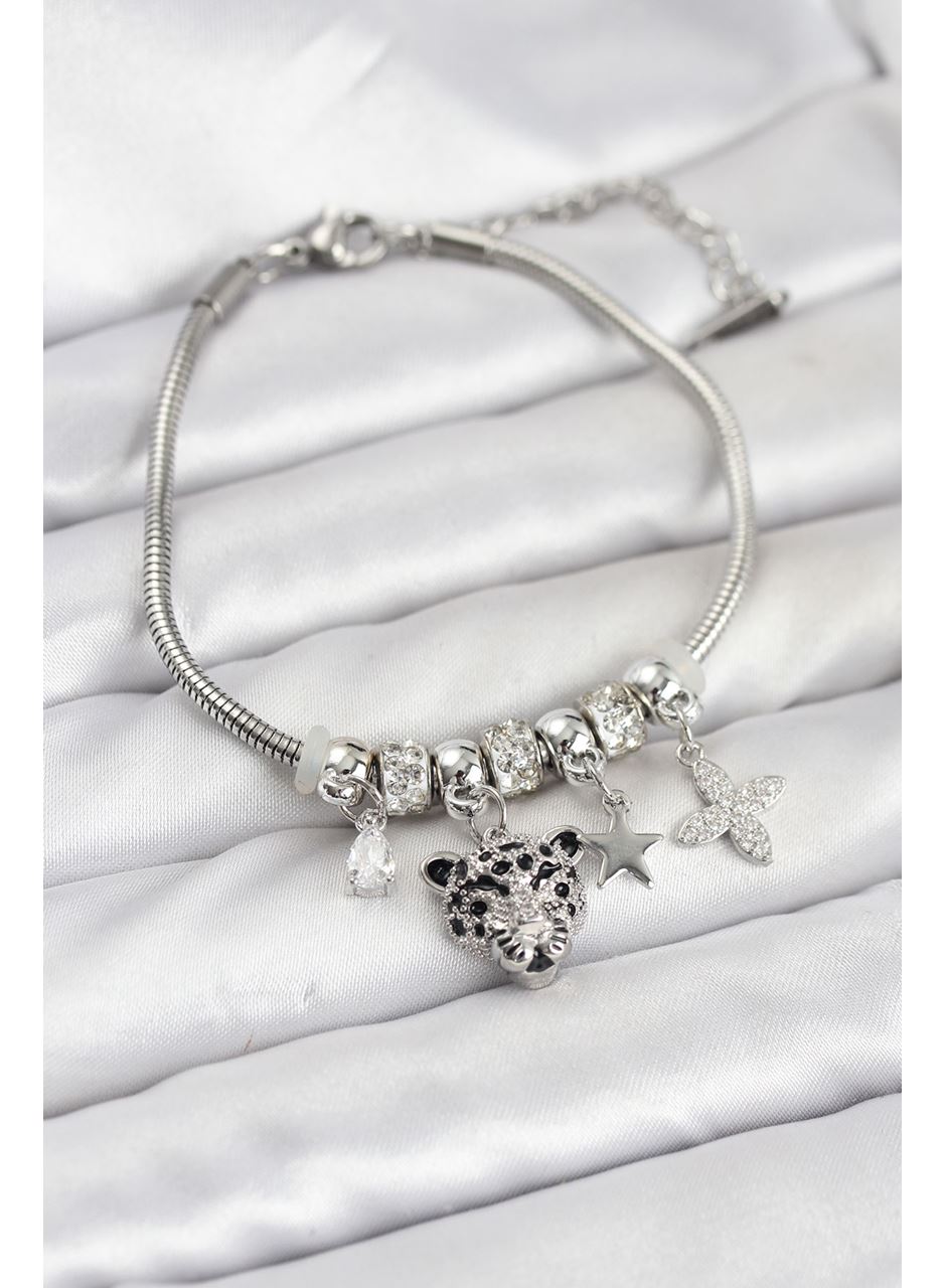 Pirinç Gümüş Renk Kaplan Model Charmlı Kadın Bileklik