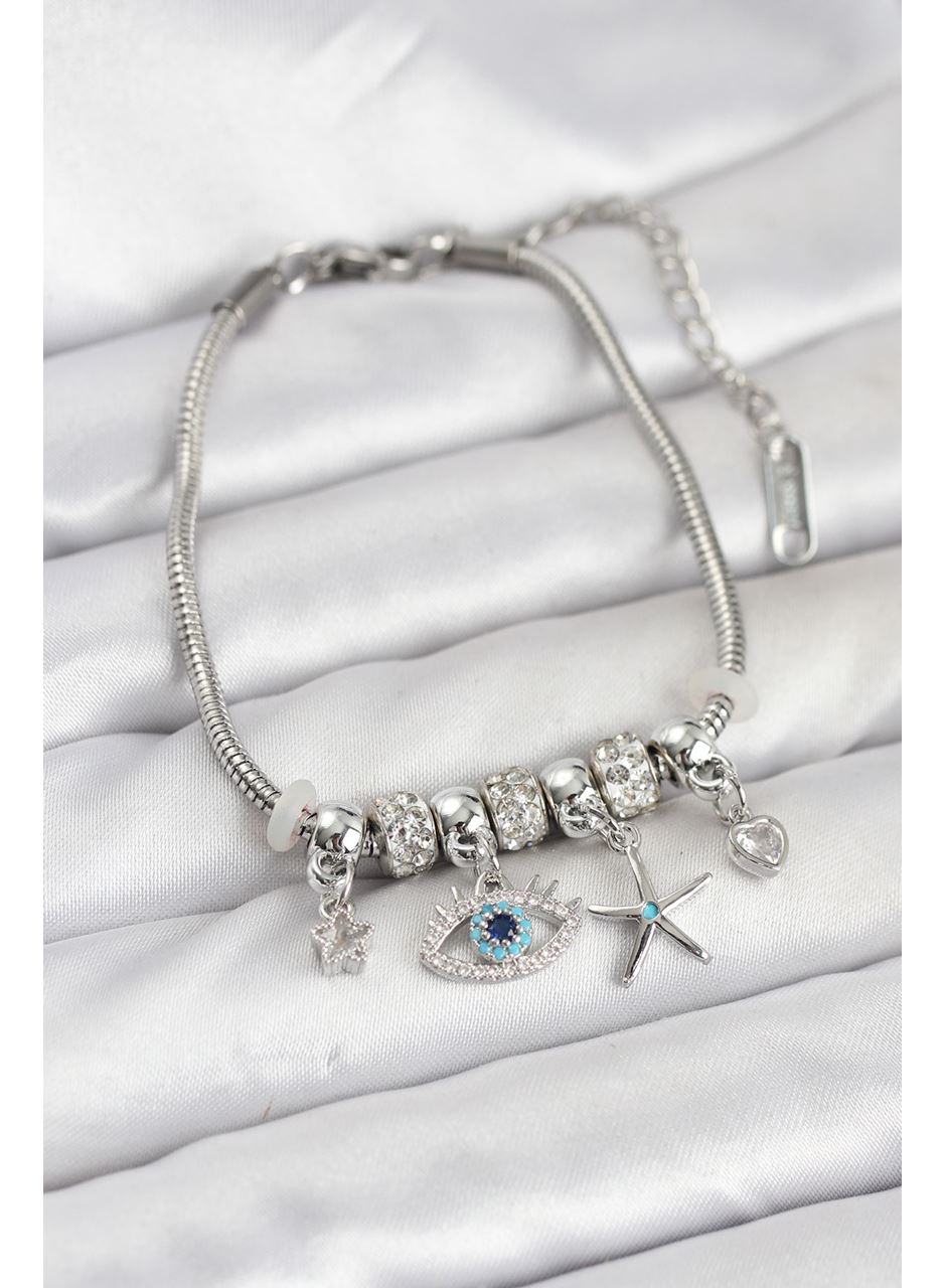 Pirinç Gümüş Renk Göz Model Charmlı Kadın Bileklik