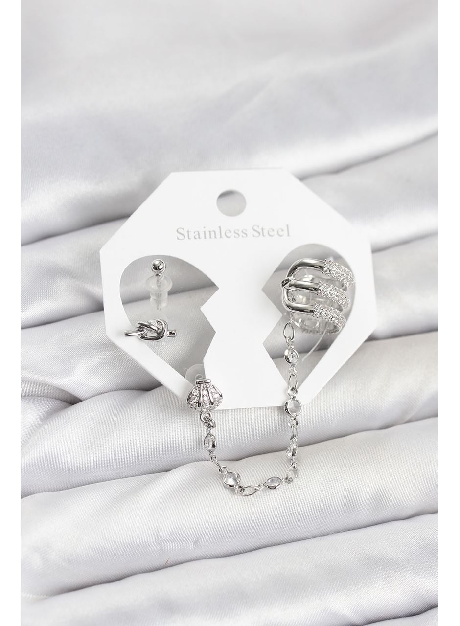 Pirinç Gümüş Renk Sarmal Model Zincir Bağlantılı Ear Cuff Küpe Seti