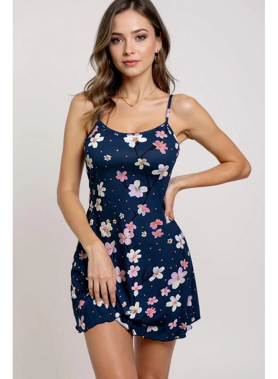 Çiçek Desenli Mavi Askılı Gecelik