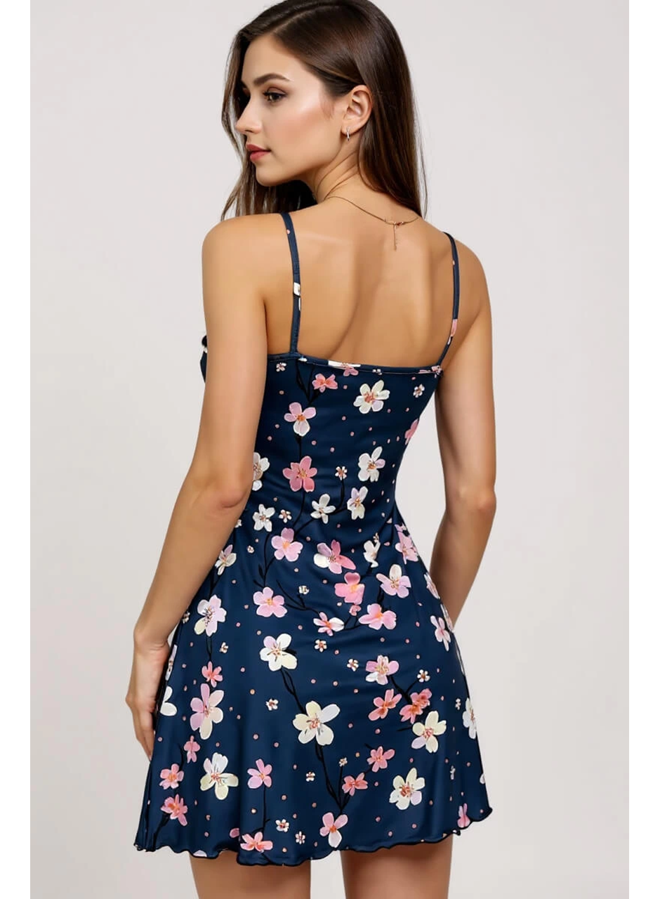 Çiçek Desenli Mavi Askılı Gecelik