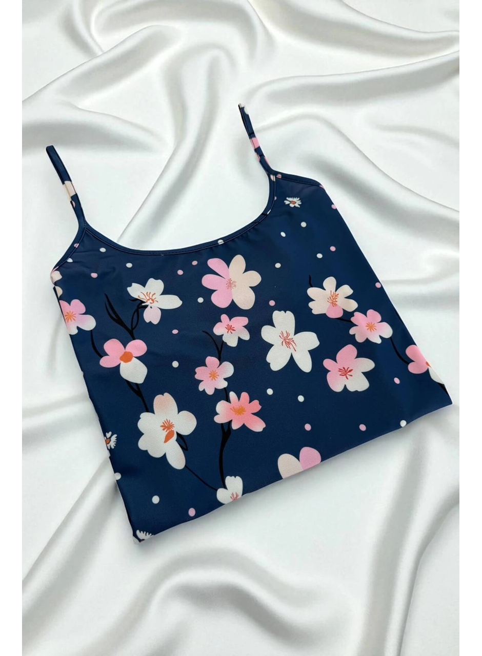 Çiçek Desenli Mavi Askılı Gecelik